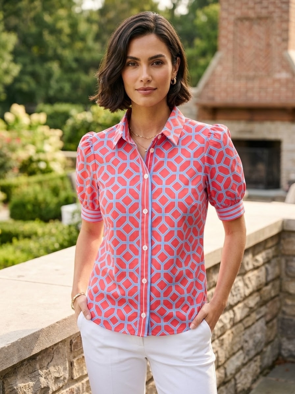 Gretchen Scott Designs Coral and Blue Geometric Button-Up Blouse